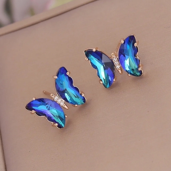 Fashion Jewelry Other - Blue Butterfly Stud Earrings with Iridescent Rhinestones
